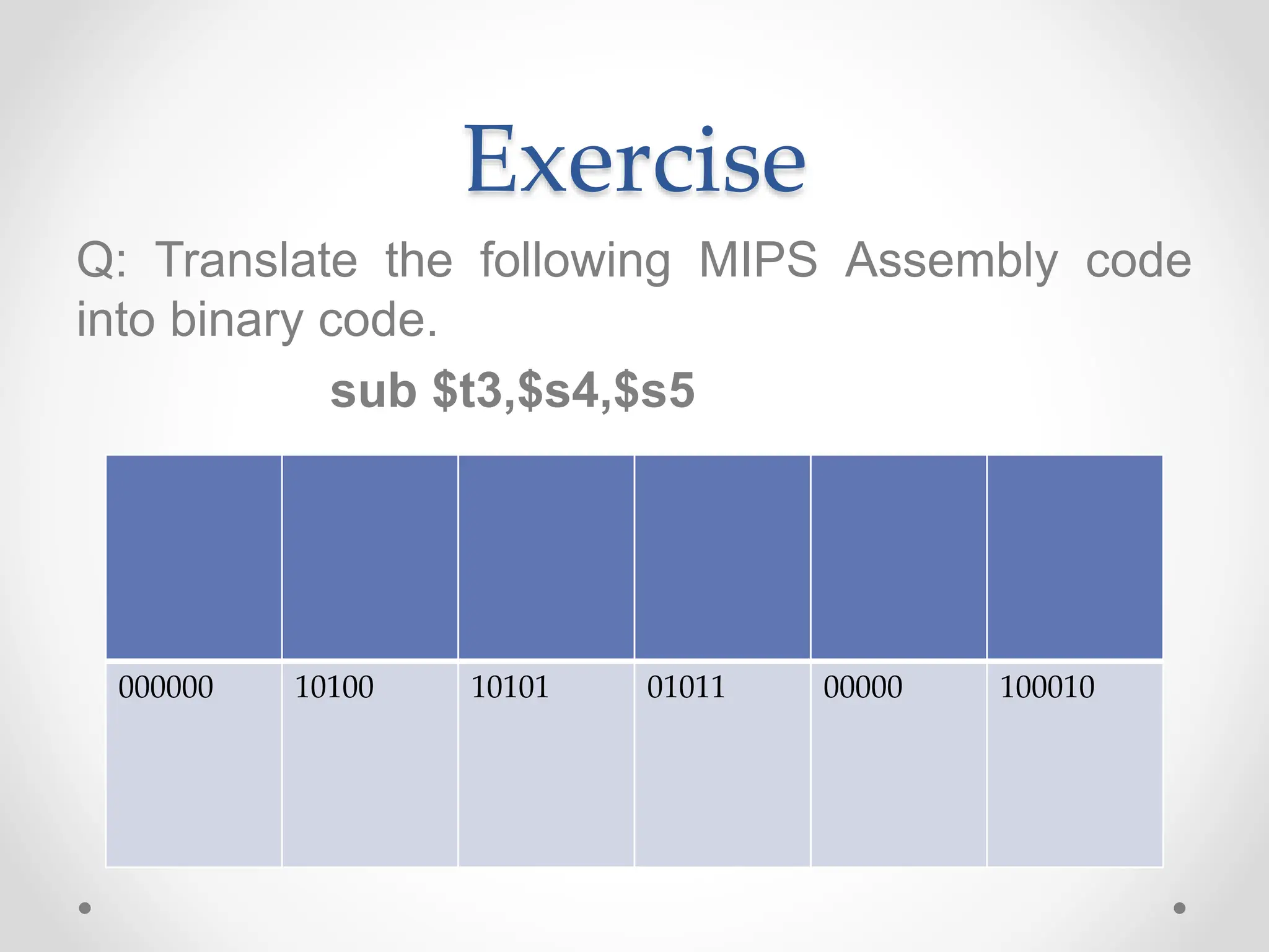 Exercise
Q: Translate the following MIPS Assembly code
into binary code.
sub $t3,$s4,$s5
000000 10100 10101 01011 00000 100010
 