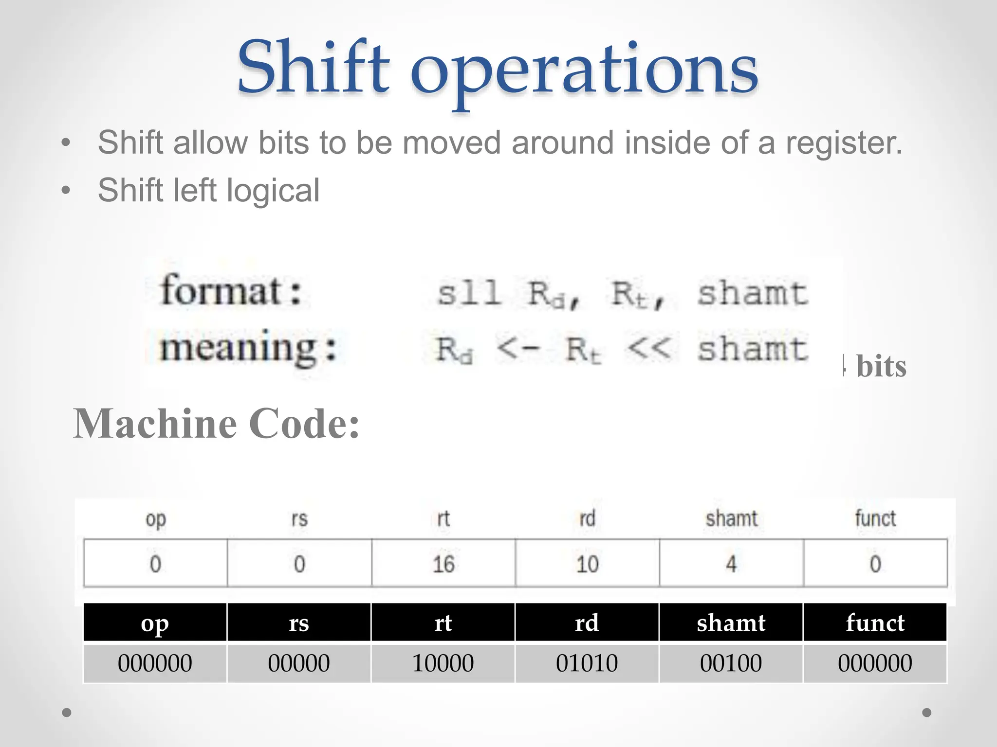 Shift operations
• Shift allow bits to be moved around inside of a register.
• Shift left logical
Example: sll $t2,$s0,4 # reg $t2 = reg $s0 << 4 bits
Machine Code:
op rs rt rd shamt funct
000000 00000 10000 01010 00100 000000
 