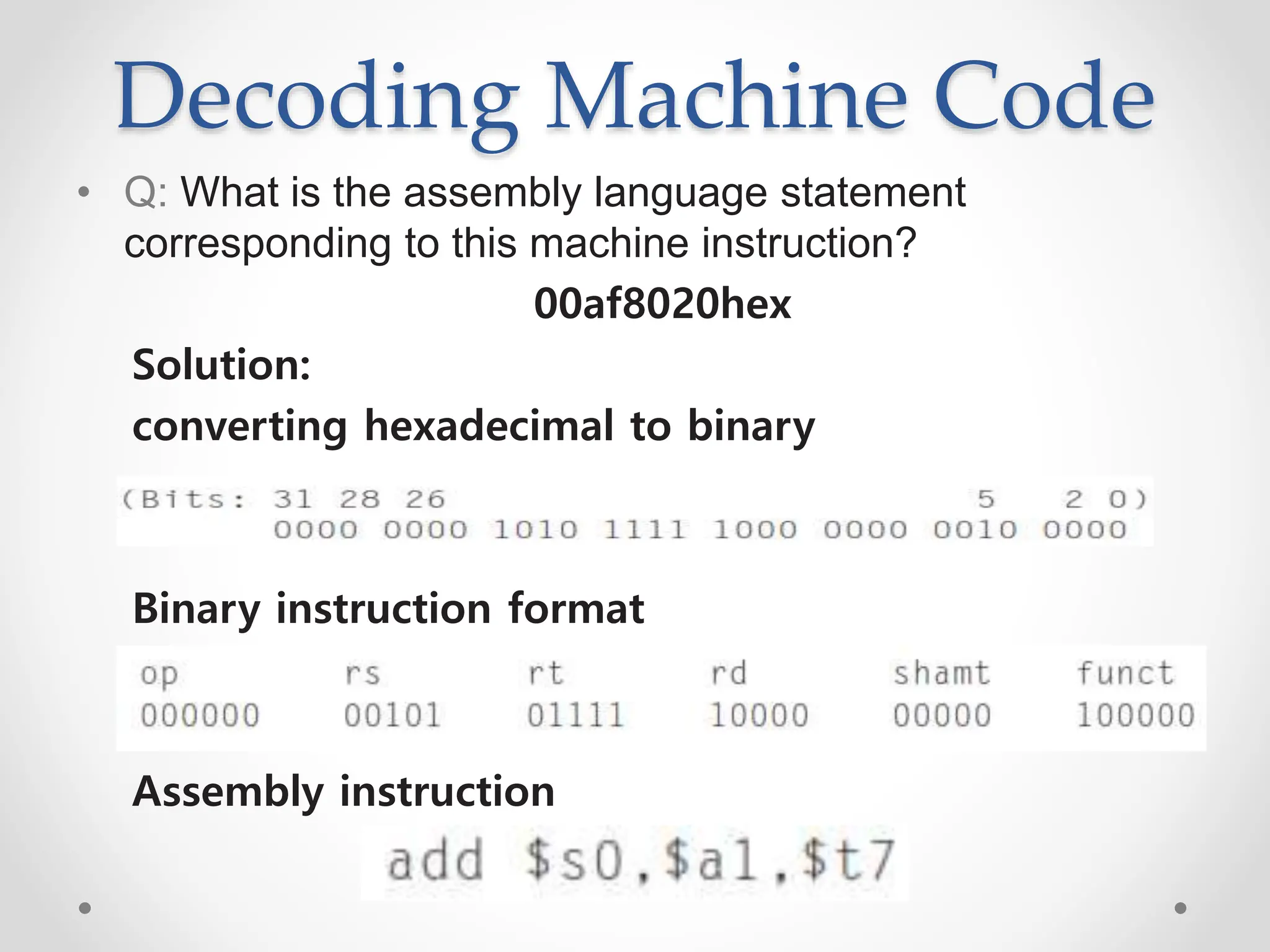 Decoding Machine Code
• Q: What is the assembly language statement
corresponding to this machine instruction?
00af8020hex
Solution:
converting hexadecimal to binary
Binary instruction format
Assembly instruction
 