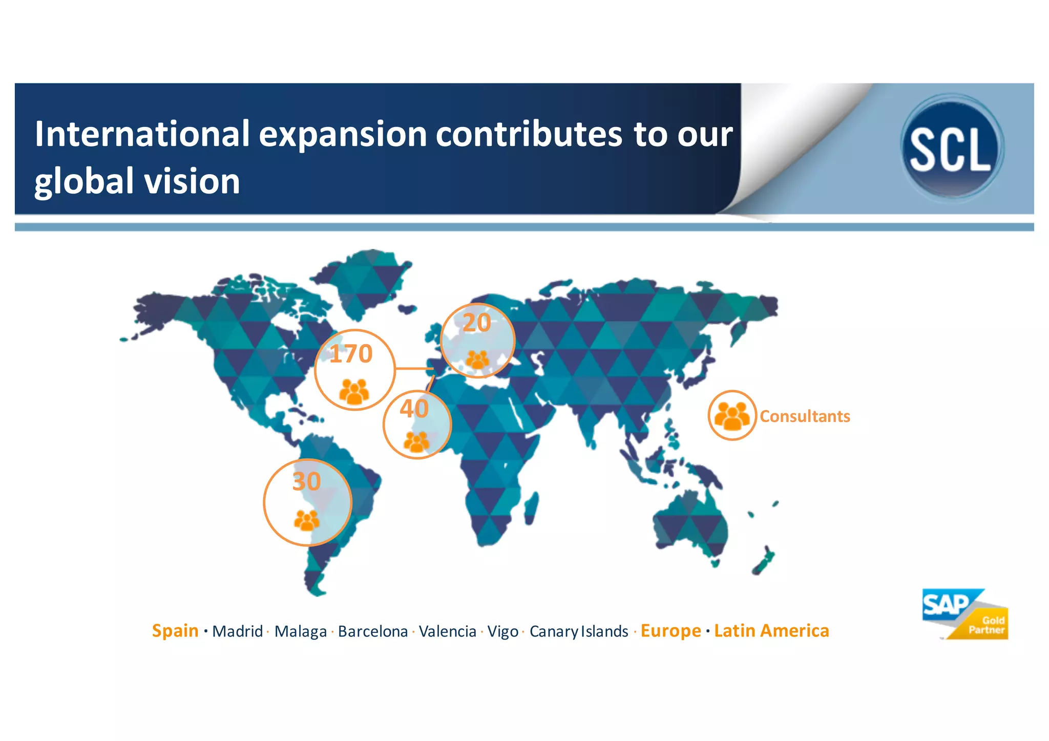 20
170
40
30
Consultants
International	
  expansion	
  contributes	
  to	
  our	
  
global	
  vision
Spain	
  ·∙ Madrid	
  ·∙ Malaga	
  ·∙	
  Barcelona	
  ·∙	
  Valencia	
  ·∙	
  Vigo	
  ·∙	
  Canary	
  Islands	
  ·∙	
  Europe	
  ·∙	
  Latin	
  America
 