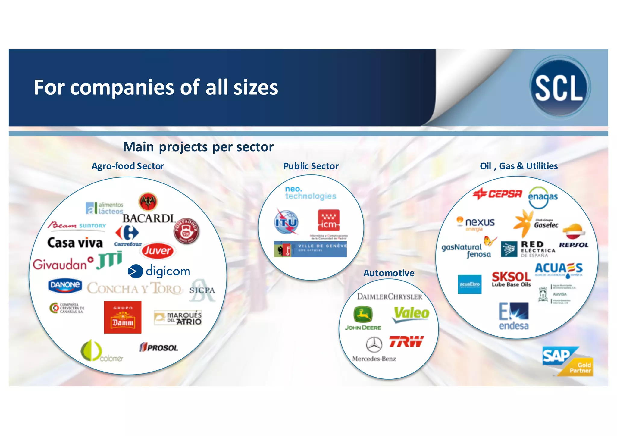 Automotive
Oil	
  ,	
  Gas	
  & Utilities
Main	
  projects	
  per	
  sector
For	
  companies	
  of	
  all	
  sizes
Public	
  SectorAgro-­‐food	
  Sector
 