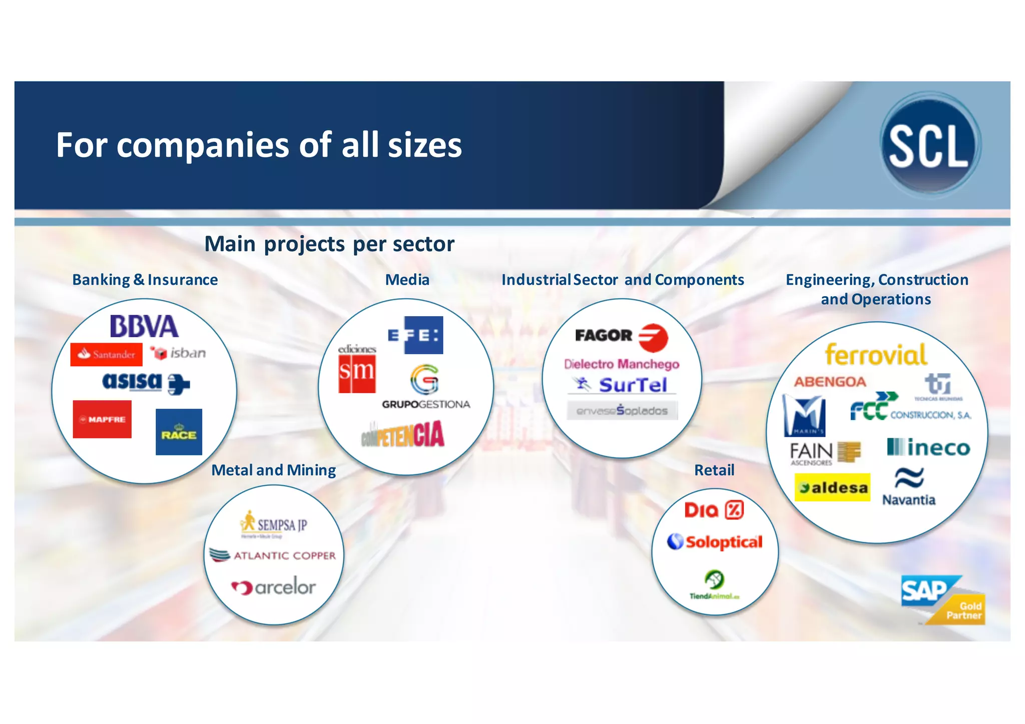 Media
Metal	
  and	
  Mining
Industrial	
  Sector	
  	
  and	
  Components
Main	
  projects	
  per	
  sector
Banking	
  &	
  Insurance
Retail
Engineering,	
  Construction
and	
  Operations
For	
  companies	
  of	
  all	
  sizes
 
