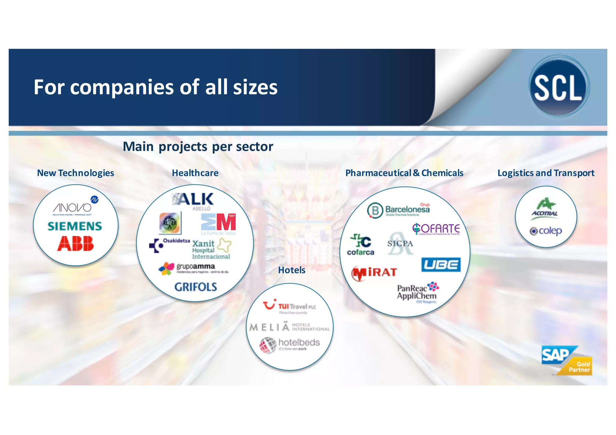 Healthcare
Main	
  projects	
  per	
  sector
New	
  Technologies Pharmaceutical&	
  Chemicals Logistics	
  and	
  Transport
Hotels
For	
  companies	
  of	
  all	
  sizes
 