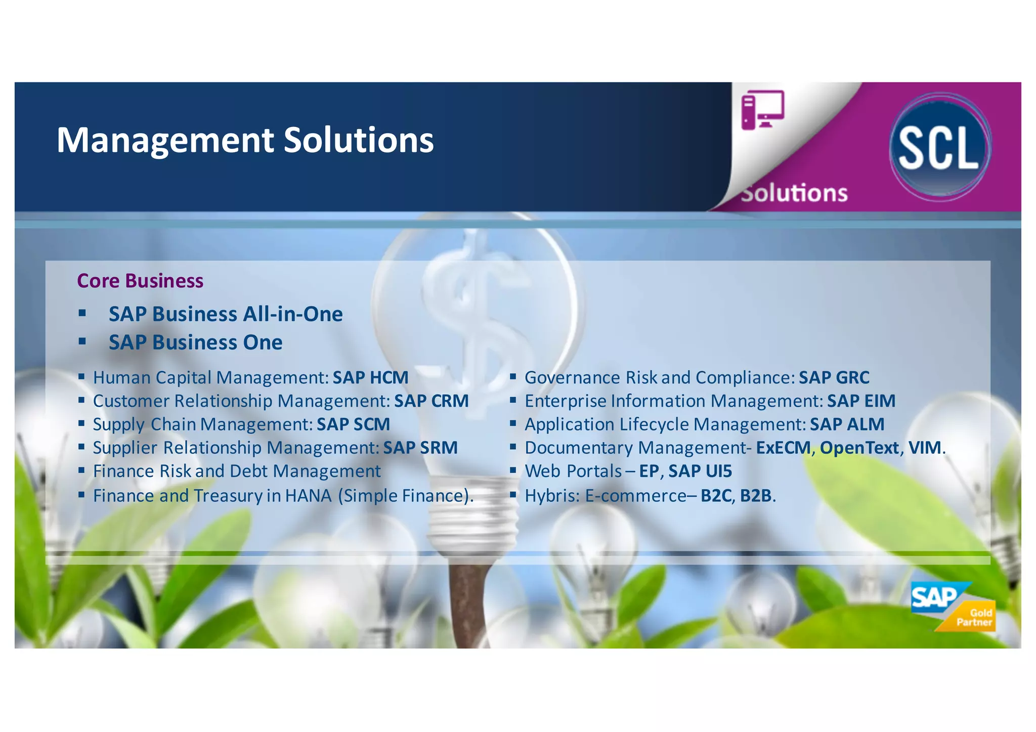 Management	
  Solutions
Core Business
§ SAP	
  Business	
  All-­‐in-­‐One
§ SAP	
  Business	
  One
§ Human	
  Capital	
  Management:	
  SAP	
  HCM
§ Customer	
  Relationship	
  Management:	
  SAP	
  CRM
§ Supply	
  Chain	
  Management:	
  SAP	
  SCM
§ Supplier	
  Relationship	
  Management:	
  SAP	
  SRM
§ Finance	
  Risk	
  and	
  Debt	
  Management
§ Finance	
  and	
  Treasury	
  in	
  HANA	
  (Simple	
  Finance).
§ Governance	
  Risk	
  and	
  Compliance:	
  SAP	
  GRC
§ Enterprise	
  Information	
  Management:	
  SAP	
  EIM
§ Application	
  Lifecycle	
  Management:	
  SAP	
  ALM
§ Documentary	
  Management-­‐ ExECM,	
  OpenText,	
  VIM.
§ Web	
  Portals	
  – EP,	
  SAP	
  UI5
§ Hybris:	
  E-­‐commerce– B2C,	
  B2B.
 