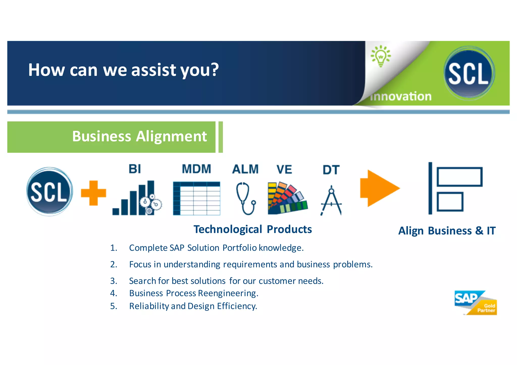 Business	
  Alignment
Technological	
  Products
1. Complete	
  SAP	
  Solution	
  Portfolio	
  knowledge.	
  
2. Focus	
  in	
  understanding	
  requirements	
  and	
  business	
  problems.	
  
3. Search	
  for	
  best	
  solutions	
  for	
  our	
  customer	
  needs.	
  
4. Business	
  Process	
  Reengineering.
5. Reliability	
  and	
  Design	
  Efficiency.
Align	
  Business	
  &	
  IT
How	
  can	
  we	
  assist	
  you?
 