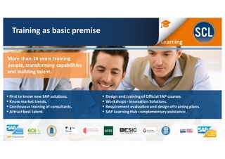 More	
  than	
  14	
  years	
  training	
  
people,	
  transforming	
  capabilities	
  
and	
  building	
  talent.
§ First	
  to	
  know	
  new	
  SAP	
  solutions.	
  
§ Know	
  market	
  trends.
§ Continuous	
  training	
  of	
  consultants.	
  
§ Attract	
  best	
  talent.
Training	
  as	
  basic	
  premise
§ Design	
  and	
  training	
  of	
  Official	
  SAP	
  courses.
§ Workshops	
  -­‐ Innovation	
  Solutions.
§ Requirement	
  evaluation	
  and	
  design	
  of	
  training	
  plans.
§ SAP	
  Learning	
  Hub	
  complementary	
  assistance.	
  
 
