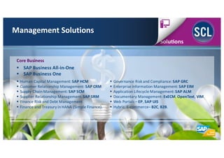 Management	
  Solutions
Core Business
§ SAP	
  Business	
  All-­‐in-­‐One
§ SAP	
  Business	
  One
§ Human	
  Capital	
...