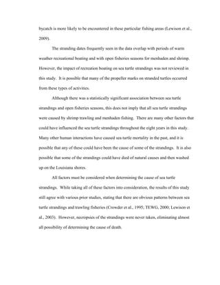 bycatch is more likely to be encountered in these particular fishing areas (Lewison et al.,
2009).
The stranding dates frequently seen in the data overlap with periods of warm
weather recreational boating and with open fisheries seasons for menhaden and shrimp.
However, the impact of recreation boating on sea turtle strandings was not reviewed in
this study. It is possible that many of the propeller marks on stranded turtles occurred
from these types of activities.
Although there was a statistically significant association between sea turtle
strandings and open fisheries seasons, this does not imply that all sea turtle strandings
were caused by shrimp trawling and menhaden fishing. There are many other factors that
could have influenced the sea turtle strandings throughout the eight years in this study.
Many other human interactions have caused sea turtle mortality in the past, and it is
possible that any of these could have been the cause of some of the strandings. It is also
possible that some of the strandings could have died of natural causes and then washed
up on the Louisiana shores.
All factors must be considered when determining the cause of sea turtle
strandings. While taking all of these factors into consideration, the results of this study
still agree with various prior studies, stating that there are obvious patterns between sea
turtle strandings and trawling fisheries (Crowder et al., 1995; TEWG, 2000; Lewison et
al., 2003). However, necropsies of the strandings were never taken, eliminating almost
all possibility of determining the cause of death.
 