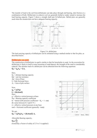 45 | P a g e
The transfer of load to the soil from drilled pier can take place through end bearing, skin friction or a
combination of both. Drilled pier in cohesive soil are generally belled or under remed to increase the
load bearing capacity. Figure 5 shows a straight shaft pier b) belled pier. Belled piers are generally
used when the stratum does not have adequate bearing capacity.
Figure 2.6: drilled pier
The load carrying capacity of drilled pier can be estimated using a method similar to that for piles, as
described below:
Drilled pier on sand:
The construction of drilled pier in sand is similar to that for bored piles in sand. As the excavation for
drilled pier is likely to lead to some loosening of sand deposit, the strength of the sand is considerably
reduced. The ultimate load of a drilled pier can be obtained from the following equations:
Qu = qpAp + fsAs
Here,
Qu = ultimate bearing capacity
Qp = unit tip resistance
Ap= Area of base
fs= Side frictional force
As = Area of pile surface
Now,
qp = (qNq)
fs = (KV
VtanG 
Here,
q = effective vertical pressure at base
Nq = Bearing capacity coefficient
K = lateral earth pressure coefficient = Kp = 1- sinI
.varies between 0.3 and 0.75
V effective vertical pressure at any base
tanG frictional coefficient (generally =tanI)
We get,
Qu = (qNq)Ap + (KVtanG As
Allowable Bearing capacity,
Qall=
ࡽ࢛
ࡲࡿ
(Generally a Factor of safety of 2.5 to 3 is applied.)
Drilled pier on sand:
 