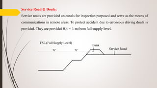 Service Road & Doula:
Service roads are provided on canals for inspection purposed and serve as the means of
communications in remote areas. To protect accident due to erroneous driving doula is
provided. They are provided 0.4 ~ 1 m from full supply level.
FSL (Full Supply Level)
Bank
Service Road
 