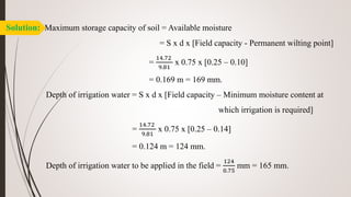 Solution: Maximum storage capacity of soil = Available moisture
= S x d x [Field capacity - Permanent wilting point]
=
14.72
9.81
x 0.75 x [0.25 – 0.10]
= 0.169 m = 169 mm.
Depth of irrigation water = S x d x [Field capacity – Minimum moisture content at
which irrigation is required]
=
14.72
9.81
x 0.75 x [0.25 – 0.14]
= 0.124 m = 124 mm.
Depth of irrigation water to be applied in the field =
124
0.75
mm = 165 mm.
 