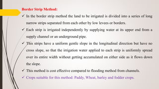 Border Strip Method:
 In the border strip method the land to be irrigated is divided into a series of long
narrow strips separated from each other by low levees or borders.
 Each strip is irrigated independently by supplying water at its upper end from a
supply channel or an underground pipe.
 This strips have a uniform gentle slope in the longitudinal direction but have no
cross slope, so that the irrigation water applied to each strip is uniformly spread
over its entire width without getting accumulated on either side as it flows down
the slope.
 This method is cost effective compared to flooding method from channels.
 Crops suitable for this method: Paddy, Wheat, barley and fodder crops.
 