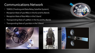 • TDRSS (Tracking and Data Relay Satellite System)
• Reception Rate of 300 Mb/s in the Ka and Ku Bands
• Reception Rate of 800 Mb/s in the S band
• Transponding Rate of 25Mb/s in the Ka and Ku Bands
• Transponding Rate of 300 kb/s in the S Band
Communications Network
 