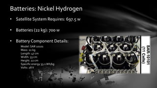 Batteries: Nickel Hydrogen
• Satellite System Requires: 697.5 w
• Batteries (22 kg): 700 w
• Battery Component Details:
Model: SAR 10101
Mass: 22 kg
Length: 47 cm
Width: 33 cm
Height: 22 cm
Specific energy 33.1 Wh/kg
Volts: 28 V
 