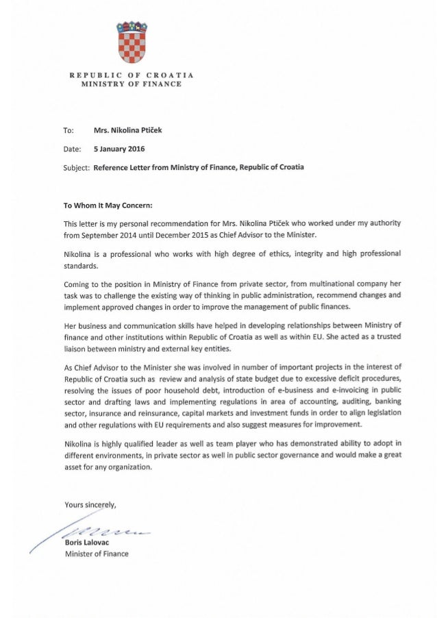 reference letter from ministry of finance letter of recommendation for ministry
