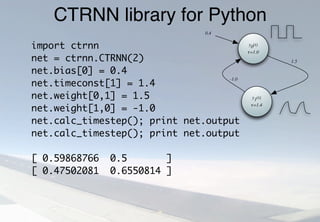 CTRNN library for Python
import ctrnn
net = ctrnn.CTRNN(2)
net.bias[0] = 0.4
net.timeconst[1] = 1.4
net.weight[0,1] = 1.5
net.weight[1,0] = -1.0
net.calc_timestep(); print net.output
net.calc_timestep(); print net.output
[ 0.59868766 0.5 ]
[ 0.47502081 0.6550814 ]
y1(t)
τ=1.4
y0(t)
τ=1.0
1.5
-1.0
0.4
 
