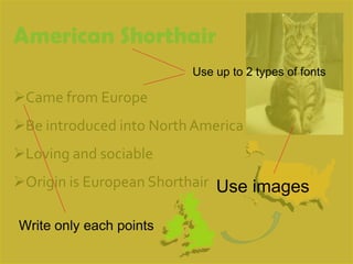 American Shorthair
                         Use up to 2 types of fonts

Came from Europe
Be introduced into North America
Loving and sociable
Origin is European Shorthair Use images

Write only each points
 