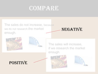 COMPARE

The sales do not increase, because
we do not research the market         NEGATIVE
enough.


                              The sales will increase,
                              if we research the market
                              enough.


   POSITIVE
 