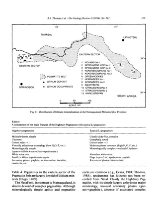 R.J. Thomas et al. / Ore Geology Reviews 9 (1994) 161-182 179
' I.19°
NAMIBIA f::::::t::::-~.~.~.-
::::::::::::::::::::::::::::::: UPINGTON
.,,~-.....,,,+..,-,, .... .- -, ,.- -', • • ~t
•
,, ! .v....X.X.X.X.)X-X-X.X.:.X-X.:-X-X.X..~~ - : : ; ~ . •...............................~.
~ ~ : - - .'.',',',',','.'.'.','"~ ~ ~:.','.','.','.'.'.'.'.'.'.'.'.'."t:
............ ~ . . . . . . . . . . • ..... ".'. - .j ..... •........ ', A
_ L z.4":'::':':':':':::':':':':':':':':':':':':'::':':~----:":::,;z ~;".:.:.:.:-:.:.:-:.:.:.:.:..',
~ t....:.:.:.:':-:':.:.:.:.:.:':':':':.:':':':':':':':':':':':~'~...-:-Y..:.:.:.:.:.~ "',:..~.:.:-:-:.:.:-:.:.:.%,
~ ~ . . ' . ' . I _ ~~ •v.v...'.. . . . . .... ,..v.v. ".'.'.....'.'.'.'.'.I EASTERN SECTOR .<,v.v.v.v.v...'-..-..,,, ....... : ,
~ : . - . . : ! ...... ~:.:.:.:.:.:.:.....:.:.............
t/....~ ~, .:':':~:'.2::2;~':,:;'.~':.,:'~,4.~..-~.~.:.:.:.:.:.:.:.:.:.:.:.:.:.:.S ",4":':':':':':':':':':':':':':':':':v.
"<.~'o7~o "-~'~ ~ x,'.'.'.'.'.'.'.'.'.'.'.-I 1 NOUMAS No 1 W:'''v "~,'"'""'"'"'""~~'.'.'.'.'.'.'.'.'.'/ ~.'.'.'.'. +u~4 "-'.'.'.'.'.'.', ~.
WESTERN SECTOR ",2-.~..~'," 2 SPODUMENE KOP No 1 ~:....:.:...lJ11))........,.....).~
3 SPODUMENE KOP No 2 v.v.v....v.v.v,v.v.
~:i:~) PEGMATITE BELT
--,,~.
• LITHIUM DEPOSIT
O
SPRINGBOK o LITHIUM OCCURRENCE
4 KOKERBOOMRAND No 1
5 KOKERBOOMRAND No 2
6 GROENHOEKIES
7 NORRABEES No 1
8 NORRABEES No 2
9 SWARTBERG
10 STRAUSSHEIM No 1
11 STRAUSSHEIM No 2
12 ANGELIERSPAN
0 50 100
i I I
SCALE km
'~v.'.'.'.v.'.'.v.v.v 0 "'-~.,,
"K"-X'X'X'X'X" 120 )/..x.
"~ 4~.,., ,.-.- ,,,:.. ,..~ ~.
SOUTH AFRICA
29 ° o
30 ° w
Fig. 11. Distribution of lithium mineralizationin the Namaqualand Metamorphic Province.
Table 6
A comparison of the main features of the Highbury Pegmatites with typical Li-pegmatites
Highbury pegmatites Typical Li-pegmatites
Multiple sheets, simple
Unzoned
Colour index ~ 1
Virtually anhydrous mineralogy (low H20, F, etc. )
Mineralogicallysimple
(quartz + albite + microcline+ spodumene)
White mica rare
Small ( < 40 cm ) spodumene crysts
Accessory garnet, graphite, no tourmaline, tantalite,
cassiterite, etc.
Usually dyke-like, complex
Complexly zoned
Colour index ~ 5
Hydrous phases common (high H20, F, etc. )
Mineralogicallycomplex--multiple Li-phases
Abundant white mica
Huge (up to 5 m) spodumene crystals
Rare-metal phases characteristic
Table 4. Pegmatites in the eastern sector of the
Pegmatite Belt are largely devoid of lithium min-
erals (Hugo, 1969).
The Natal belt, in contrast to Namaqualand, is
almost devoid of complex pegmatites. Although
mineralogically simple aplitic and pegmatitic
rocks are common (e.g., Evans, 1984; Thomas,
1988), spodumene has hitherto not been re-
corded from Natal. Clearly the Highbury Peg-
matite, with its simple largely anhydrous major
mineralogy, unusual accessory phases (gar-
net + graphite), absence of associated complex
 