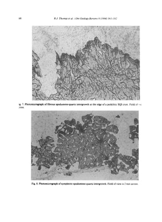 68 R.J. Thomas et aL / Ore Geology Revwws 9 (1994) 161-182
ig. 7. Photomicrograph of fibrous spodumene-quartz intergrowth at the edge of a poikilitic SQI crysL Field ot v~c
?,ross.
Fig. 8. Photomicrograph of symplectic spodumene-quartz intergrowth. Field of view is 2 mm across.
 