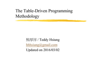 The Table-Driven Programming
Methodology
熊厚祥 / Teddy Hsiung
hhhsiung@gmail.com
Updated on 2016/03/02
 