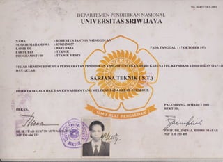 Robertus Janton Nainggolan, The Certificate of Sriwijaya University