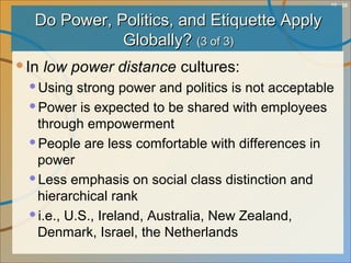 10 - 30
Do Power, Politics, and Etiquette ApplyDo Power, Politics, and Etiquette Apply
Globally?Globally? (3 of 3)(3 of 3)
In low power distance cultures:
Using strong power and politics is not acceptable
Power is expected to be shared with employees
through empowerment
People are less comfortable with differences in
power
Less emphasis on social class distinction and
hierarchical rank
i.e., U.S., Ireland, Australia, New Zealand,
Denmark, Israel, the Netherlands
 