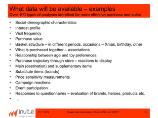 27.11.2016 Supply chain optimisation, © Invite CRM, Ltd, 02/2011 10
What data will be available – examples
Over 100 types of analyses identified for more effective purchase and sales
• Social-demographic characteristics
• Interest profile
• Visit frequency
• Purchase value
• Basket structure – in different periods, occasions – Xmas, birthday, other
• What is purchased together – associations
• Relationship between age and toy preferences
• Purchase trajectory through store – reactions to display
• Main (destination) and supplementary items
• Substitute items (brands)
• Price sensitivity measurements
• Campaign reactions
• Event participation
• Responses to questionnaires – evaluation of brands, heroes, products etc.
• …
 