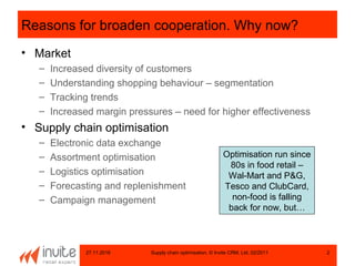 27.11.2016 Supply chain optimisation, © Invite CRM, Ltd, 02/2011 2
Reasons for broaden cooperation. Why now?
• Market
– Increased diversity of customers
– Understanding shopping behaviour – segmentation
– Tracking trends
– Increased margin pressures – need for higher effectiveness
• Supply chain optimisation
– Electronic data exchange
– Assortment optimisation
– Logistics optimisation
– Forecasting and replenishment
– Campaign management
Optimisation run since
80s in food retail –
Wal-Mart and P&G,
Tesco and ClubCard,
non-food is falling
back for now, but…
 