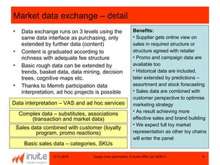 27.11.2016 Supply chain optimisation, © Invite CRM, Ltd, 02/2011 8
Market data exchange – detail
• Data exchange runs on 3 levels using the
same data interface as purchasing, only
extended by further data (content)
• Content is graduated according to
richness with adequate fee structure
• Basic rough data can be extended by
trends, basket data, data mining, decision
trees, cognitive maps etc.
• Thanks to Memrb participation data
interpretation, ad hoc projects is possible
Benefits:
• Supplier gets online view on
sales in required structure or
structure agreed with retailer
• Promo and campaign data are
available too
• Historical data are included,
later extended by predictions –
assortment and stock forecasting
• Sales data are combined with
customer perspective to optimise
marketing strategy
• As result achieving more
effective sales and brand building
• We expect full toy market
representation as other toy chains
will enter the panel
Data interpretation – VAS and ad hoc services
Complex data – substitutes, associations
(transaction and market data)
Sales data combined with customer (loyalty
program, promo reactions)
Basic sales data – categories, SKUs
 