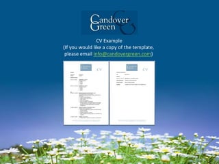 CV Example
(If you would like a copy of the template,
please email info@candovergreen.com)
 