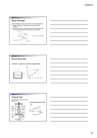 1/5/2010
13
Foundation Analysis and Design by: Dr. Amit Prashant
Shear Strength
Soil strength is measured in terms of shear resistance
Shear resistance is developed on the soil particle
contacts
Failure occurs in a material when the normal stress and
the shear stress reach some limiting combination
37
Foundation Analysis and Design by: Dr. Amit Prashant
Direct shear test
Simple, inexpensive, limited configurations
38
Foundation Analysis and Design by: Dr. Amit Prashant
Triaxial Test
may be complex, expensive, several
configurations
Consolidated Drained Test
39
 