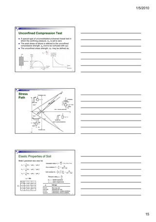 1/5/2010
15
Foundation Analysis and Design by: Dr. Amit Prashant
Unconfined Compression Test
A special type of unconsolidated-undrained triaxial test in
which the confining pressure, σ3, is set to zero
The axial stress at failure is referred to the unconfined
compressive strength, qu (not to be confused with qu)
The unconfined shear strength, cu, may be defined as,
43
g y
Foundation Analysis and Design by: Dr. Amit Prashant
Stress
Path
44
Foundation Analysis and Design by: Dr. Amit Prashant
Elastic Properties of Soil
45
 