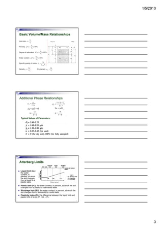 1/5/2010
3
Foundation Analysis and Design by: Dr. Amit Prashant
Basic Volume/Mass Relationships
7
Foundation Analysis and Design by: Dr. Amit Prashant
Additional Phase Relationships
8
Typical Values of Parameters:
Foundation Analysis and Design by: Dr. Amit Prashant
Atterberg Limits
Liquid limit (LL):
the water
content, in
percent, at which
the soil changes
9
the soil changes
from a liquid to a
plastic state.
Plastic limit (PL): the water content, in percent, at which the soil
changes from a plastic to a semisolid state.
Shrinkage limit (SL): the water content, in percent, at which the
soil changes from a semisolid to a solid state.
Plasticity index (PI): the difference between the liquid limit and
plastic limit of a soil, PI = LL – PL.
 