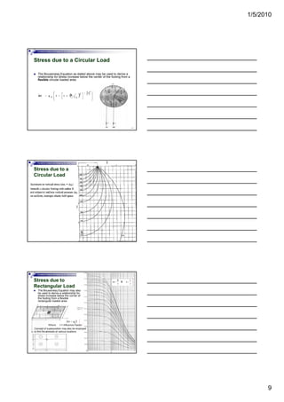 1/5/2010
9
Foundation Analysis and Design by: Dr. Amit Prashant
Stress due to a Circular Load
The Boussinesq Equation as stated above may be used to derive a
relationship for stress increase below the center of the footing from a
flexible circular loaded area:
25
Foundation Analysis and Design by: Dr. Amit Prashant
Stress due to a
Circular Load
26
Foundation Analysis and Design by: Dr. Amit Prashant
Stress due to
Rectangular Load
The Boussinesq Equation may also
be used to derive a relationship for
stress increase below the corner of
the footing from a flexible
rectangular loaded area:
27
Concept of superposition may also be employed
to find the stresses at various locations.
 