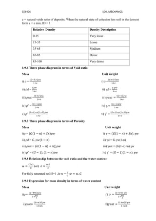 CE6405 SOIL MECHANICS
e = natural voids ratio of deposits; When the natural state of cohesion less soil in the densest
form e = e min, ID = 1.
Relative Density Density Description
0-15 Very loose
15-35 Loose
35-65 Medium
65-85 Dense
85-100 Very dense
1.9.6 Three phase diagram in terms of Void ratio
Mass Unit weight
i) ρ =
( . )
i) γ =
( )
ii) ρd = ii) γd =
.
iii) ρsat =
( )
iii) =
( ).
iv) ρ’ =
( )
iv) γ,=
( ).
v) ρ’
( ) ( ).
v) γ’ =
( ) ( ).
1.9.7 Three phase diagram in terms of Porosity
Mass Unit weight
i)ρ = ( (1 − ) + ) i) = ( (1 − ) + ).
ii) ρd = . (1 − ) ii) γd = G.γw(1-n)
iii) ρsat = ( (1 − ) + )) iii) γsat = (G(1-n)+n).γw
iv) ρ’ = ( − 1). (1 − ) iv) γ’ = ( − 1)(1 − ).
1.9.8 Relationship between the void ratio and the water content
=
( . )
(or) =
.
For fully saturated soil S=1 ,ie w = ; = .
1.9.9 Expression for mass density in terms of water content
Mass Unit weight
i)ρ=
( ).
) =
( ) .
ii)ρsat=
( )
) =
( ) .
 