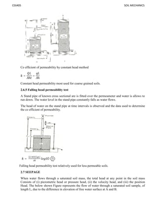 CE6405 SOIL MECHANICS
Co efficient of permeability by constant head method
=
ℎ
=
ℎ
Constant head permeability most used for coarse grained soils.
2.6.5 Falling head permeability test
A Stand pipe of known cross sectional are is fitted over the permeameter and water is allows to
run down. The water level in the stand pipe constantly falls as water flows.
The head of water on the stand pipe at time intervals is observed and the data used to determine
the co efficient of permeability.
=
( . )( )
10 ( )
Falling head permeability test relatively used for less permeable soils.
2.7 SEEPAGE
When water flows through a saturated soil mass, the total head at any point in the soil mass
Consists of (i) piezometric head or pressure head, (ii) the velocity head, and (iii) the position
Head. The below shown Figure represents the flow of water through a saturated soil sample, of
length L, due to the difference in elevation of free water surface at A and B.
 