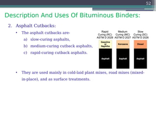 Description And Uses Of Bituminous Binders:
52
2. Asphalt Cutbacks:
• The asphalt cutbacks are-
a) slow-curing asphalts,
b) medium-curing cutback asphalts, and
c) rapid-curing cutback asphalts.
• They are used mainly in cold-laid plant mixes, road mixes (mixed-
in-place), and as surface treatments.
 