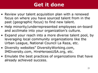25
• Review your talent acquisition plan with a renewed
focus on where you have sourced talent from in the
past (geographic focus) to find new talent.
• Help minority/underrepresented employees on-board
and acclimate into your organization’s culture.
• Expand your reach into a more diverse talent pool, by
leveraging local community organizations like the
Urban League, National Council La Raza, etc.
• Diversity websites” DiversityWorking.com,
IMDiversity.com, HireHeroesUSA.org, etc.
• Emulate the best practices of organizations that have
already achieved success.
Get it done
 