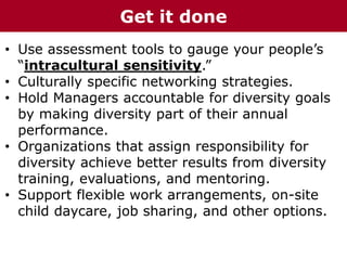 • Use assessment tools to gauge your people’s
“intracultural sensitivity.”
• Culturally specific networking strategies.
• Hold Managers accountable for diversity goals
by making diversity part of their annual
performance.
• Organizations that assign responsibility for
diversity achieve better results from diversity
training, evaluations, and mentoring.
• Support flexible work arrangements, on-site
child daycare, job sharing, and other options.
Get it done
 