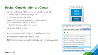 Design Considerations: vCenter
• VC with embedded PSC is recommended for small DC
– 1 single sign-on domain with single site
– No growth plans in near future
• External PSC is recommended for medium-large
environments with multiple vCenters
– Consider this option if planning to grow
• VC should be first to boot
22
• Add management VMs in the NSX “VM Exclusion List”
• Or create fine grained rules in DFW
• NSX components are automatically part of exclusion list
vCenter
Server
Platform
Services
Controller
(PSC)
Virtual Machine
Shahzad Ali NSX For Small DC
 