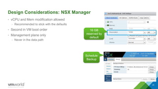 Design Considerations: NSX Manager
• vCPU and Mem modification allowed
– Recommended to stick with the defaults
• Second in VM boot order
• Management plane only
– Never in the data path
23
16 GB
reserved by
default
Schedule
Backup
Shahzad Ali NSX For Small DC
 