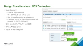Design Considerations: NSX Controllers
• Must deploy 3
– Each on separate hosts
– Use “SHOULD” anti-affinity rules
– Use 4 hosts for additional redundancy
– Controller VM (vCPU/MEM) modification not
possible (4 vCPU, 4GB Mem)
• Only needed for VXLAN and DLR
• 3rd in VM boot order
• Never in the data-path
24
Default
2GB reserved
4GB total
Shahzad Ali NSX For Small DC
 