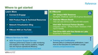 Learn More
Connect & Engage
communities.vmware.com
NSX Product Page & Technical Resources
vmware.com/products/nsx
Network Virtualization Blog
blogs.vmware.com/networkvirtualization
VMware NSX on YouTube
youtube.com/user/vmwarensx
Where to get started
At VMworld
70+ Unique NSX Sessions
Spotlights, breakouts, quick talks & group discussions
Visit the VMware Booth
View use case demos and chat with NSX experts
Visit NSX Technical Partner Booths
Integration demos – EPSec & NetX, Hardware VTEP,
Ops & Visibility
Test Drive NSX with free Hands-on Labs
Expert-led or Self-paced. labs.hol.vmware.com
VMware Services for NSX
NSX Proactive Support Service
Optimize performance based on data monitoring
and analytics to help resolve problems, mitigate
risk and improve operational efficiency.
vmware.com/products/nsx/services.html
Training and Certification
Several paths to professional certifications. Learn
more at the Education & Certification Lounge.
vmware.com/go/nsxtraining
Reference
 