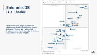 EnterpriseDB
is a Leader
The Gartner report, Magic Quadrant for
Operational Database Management Systems,
by Donald Feinberg, Merv Adrian, Nick
Heudecker, Adam Ronthal, and Terilyn Palanca
was published October 12, 2015.
 