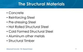 The Structural Materials
• Concrete
• Reinforcing Steel
• Pre-stressing Steel
• Hot Rolled Structural Steel
• Cold Formed Structural Steel
• Aluminum other metals
• Structural Timber
Advanced Concrete l Dr. Naveed Anwar 40
 