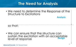The Need for Analysis
• We need to determine the Response of the
Structure to Excitations
so that:
• We can ensure that the structure can
sustain the excitation with an acceptable
level of response
41
Advanced Concrete l Dr. Naveed Anwar
Analysis
Design
 