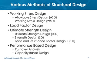 Various Methods of Structural Design
• Working Stress Design
• Allowable Stress Design (ASD)
• Working Stress Design (WSD)
• Load Factor Design
• Ultimate Strength Design
• Ultimate Strength Design (USD)
• Strength Design (SD)
• Load and Resistance Factor Design (LRFD)
• Performance Based Design
• Pushover Analysis
• Capacity Based Design
57Advanced Concrete l Dr. Naveed Anwar
 
