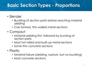 Basic Section Types - Proportions
• Slender
• Buckling of section parts before reaching material
yielding
• Cols formed, t...