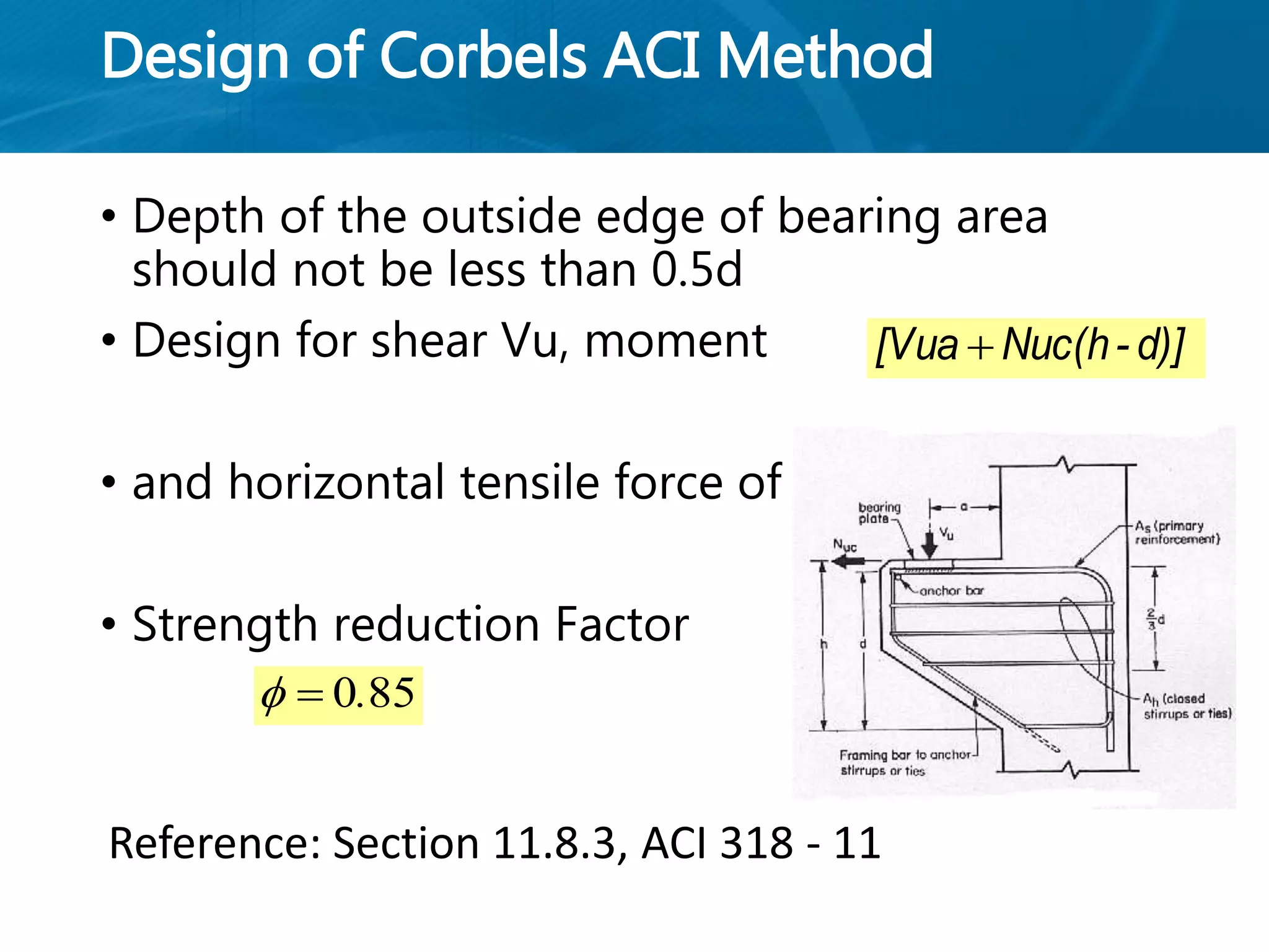 Design of Corbels ACI Method
• Depth of the outside edge of bearing area
should not be less than 0.5d
• Design for shear Vu, moment
• and horizontal tensile force of Nuc
• Strength reduction Factor
850.
d)]-Nuc(h[Vua 
Reference: Section 11.8.3, ACI 318 - 11
 